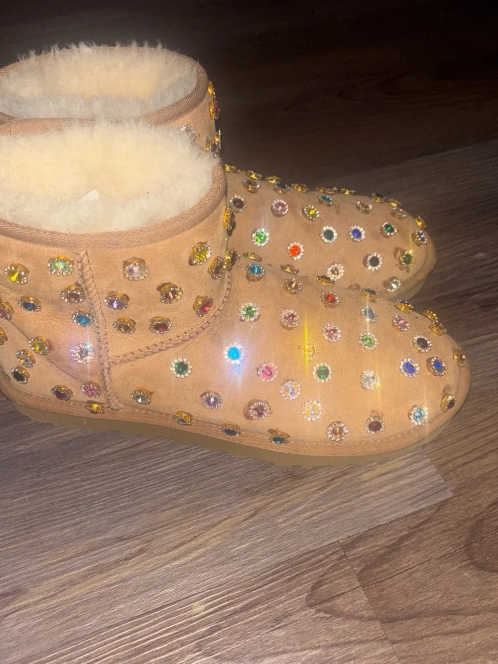 Personalized Embellished Tan Suede Uggs, Cozy Slip-On Boots with Multicolor Gems